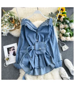Long-Sleeved Tie Open Back Multi-Wear Bag Denim Shirt Wholesale Women'S Tops N4623042400004