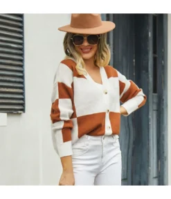 Stylish Long Sleeve Plaid Patchwork Knit Cardigan Jacket Wholesale Womens Clothing V5923070300181