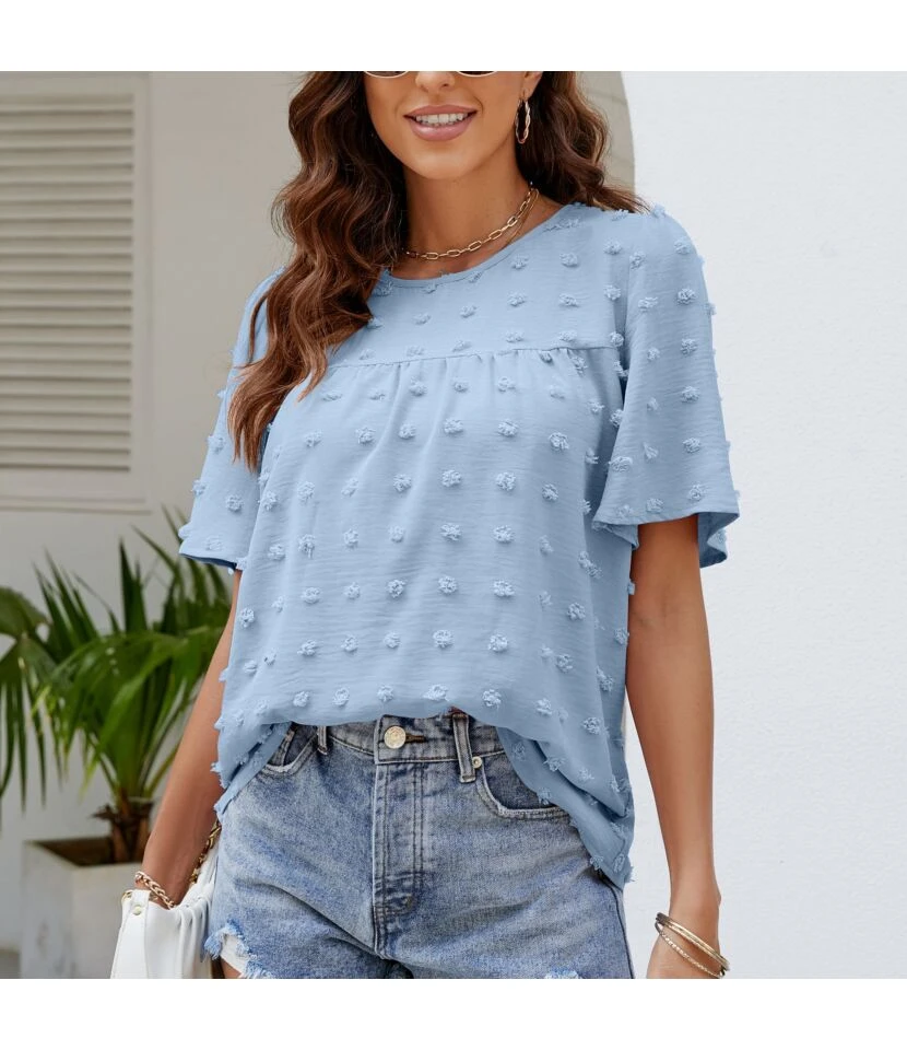 Chiffon Jacquard Pompom Round Neck Loose Top Wholesale Women'S Top N4623051300039 5 Chiffon Jacquard Pompom Round Neck Loose Top Wholesale Women'S Top N4623051300039 - Image 5