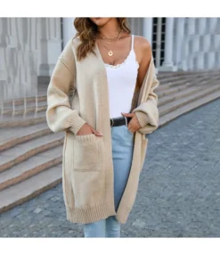 Simple Knitted Solid Color Pocket Mid-Length Sweater Cardigan Wholesale Women'S Top N4623070300161