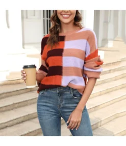 Fashion Colorblocked Striped Crew Neck Knit Shirt Wholesale Womens Tops N5923070300136