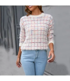 Fashion Color Block Plaid Long Sleeve Crew Neck Sweater Wholesale Womens Tops V5923070300176