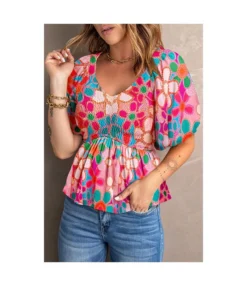 Balloon Sleeve Floral Print Pullover Short Sleeve Top Wholesale Women'S Top