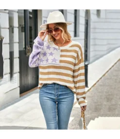 Contrast Stripe Knit Long Sleeve Crewneck Sweater Wholesale Women'S Top