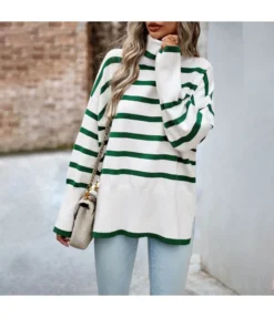 Striped Turtleneck Slit All-Match Knitted Sweater Wholesale Women'S Top N4623071700095