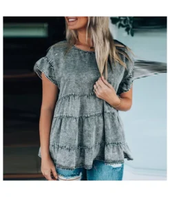 Denim Short Sleeve Pullover Round Neck Ruffle T-Shirt Wholesale Women'S Top N4623051900045