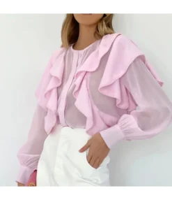 All-Match Solid Color Button-Down Round Neck Ruffled Long-Sleeved Shirt Wholesale Women'S Top N4623070600076