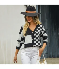 Casual Checkerboard Patchwork Knit Cardigan Jacket Wholesale Womens Clothing N5923070300145