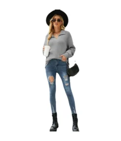 Fashion Long Sleeve Solid Color Pullover Lapel Knit Sweater Wholesale Womens Tops V5923053100014