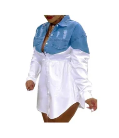 Wholesale Plus Size Clothing Denim Patchwork Colorblocking Shrink Cardigan Shirt N5923091200041