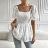 Pleated All-Match Square Collar Wraps Short-Sleeved Blouses Wholesale Women'S Tops N462623032300181