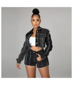 Fashion Long Sleeve Striped Single-Breasted Denim Jacket Wholesale Womens Clothing N5923090500027