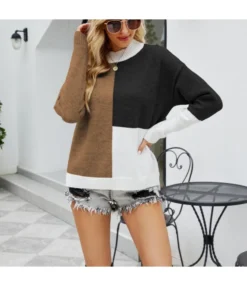 Fashion Tri-Color Splicing Round Neck Knitted Sweater Wholesale Womens Tops V5923053100008