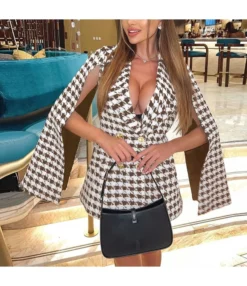 Fashion Houndstooth Double Breasted Sexy Cape Jacket Women Blazer Wholesale Coats SOUN561742