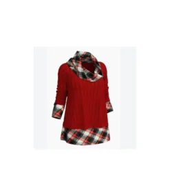 Fashion Splicing Pile Collar Plaid Knit Pullover Long Sleeve Loose Sweater Wholesale SSW94964
