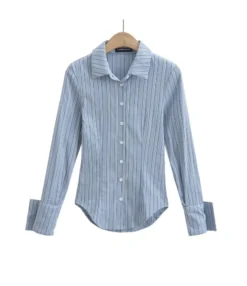 Irregular Jacquard Striped Slim Long-Sleeved Lapel Commuting Shirt Wholesale Women Tops STV464305