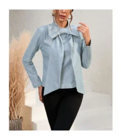 Denim Bow Knot Long Sleeve Slim Solid Color Simple Blouses Wholesale Women Top STV463934