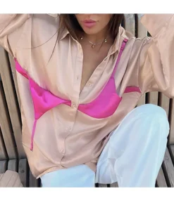 Contrast Panel Fake Two-Piece Shirt Satin Satin Long Sleeve Shirts Wholesale Womens Tops STN539062