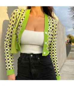 Vintage Checkered V-Neck Knit Sweater Single Breasted Long Sleeve Short Wholesale Cardigans SOUN561685
