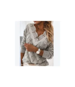 Sexy V-Neck Hollow Out Knit Tops Lace Stitching Solid Color Long Sleeve Wholesale Womens Sweaters SSW94740 -Women Clothing Sales Store ab544a19 b45a 4344 911a 572cee44f473 eea5085696a5339b96bccc50e647e090