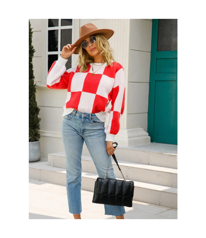 Fashion Lattice Pullover Long Sleeve Casual Loose Crew Neck Wholesale Sweater SSWN560971 7 Fashion Lattice Pullover Long Sleeve Casual Loose Crew Neck Wholesale Sweater SSWN560971 - Image 7