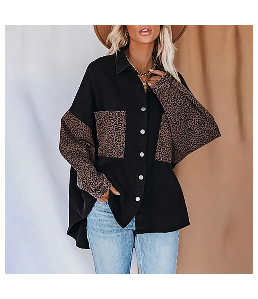 Leopard Print Denim Shirts With Pocket Long Sleeve Lapel Women'S Top Casual Wholesale Blouse ST531160 6 Leopard Print Denim Shirts With Pocket Long Sleeve Lapel Women'S Top Casual Wholesale Blouse ST531160 - Image 6