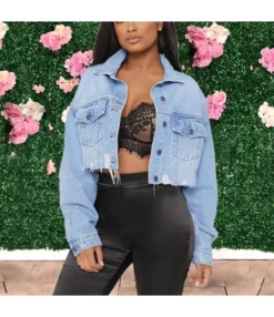 Long Sleeve Trendy Ripped Denim Cropped Jacket Wholesale Women'S Jackets SOU167982