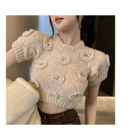 Casual Three-Dimensional Flower Solid Color Knitted Short Tops Wholesale Sweater ST5110202