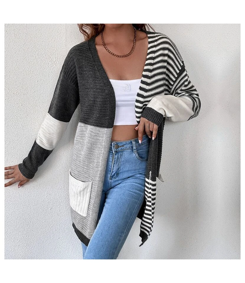 Sweater Coat Women Wholesale Women Stitching Striped Cardigan SOU162682 3 Sweater Coat Women Wholesale Women Stitching Striped Cardigan SOU162682 - Image 3