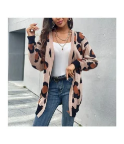 Outwear Leopard Pattern Knitted Long Cardigan Women Wholesale Clothing SW030529