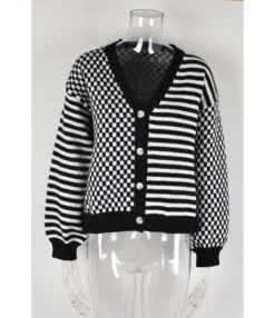 Knit Plaid Stitching Stripe Button Up Cardigan Sweater Wholesale Women'S Top -Women Clothing Sales Store b2c3da3466534d81bf30b0380112171a