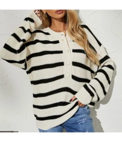 Women Sweater Wholesale Striped Button Casual SS161859