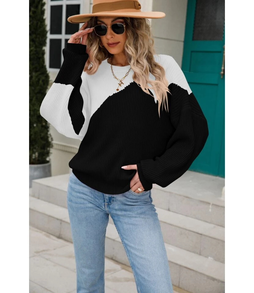 Fashion Patchwork Pullover Bat Sleeve Loose Crew Neck Wholesale Sweater SSWN560968 7 Fashion Patchwork Pullover Bat Sleeve Loose Crew Neck Wholesale Sweater SSWN560968 - Image 7