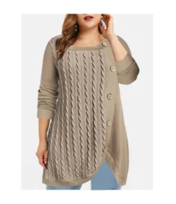 Irregular Splicing Round Neck Knit Sweaters Button Decoration Long Sleeve Wholesale Plus Size Clothing SSW94745