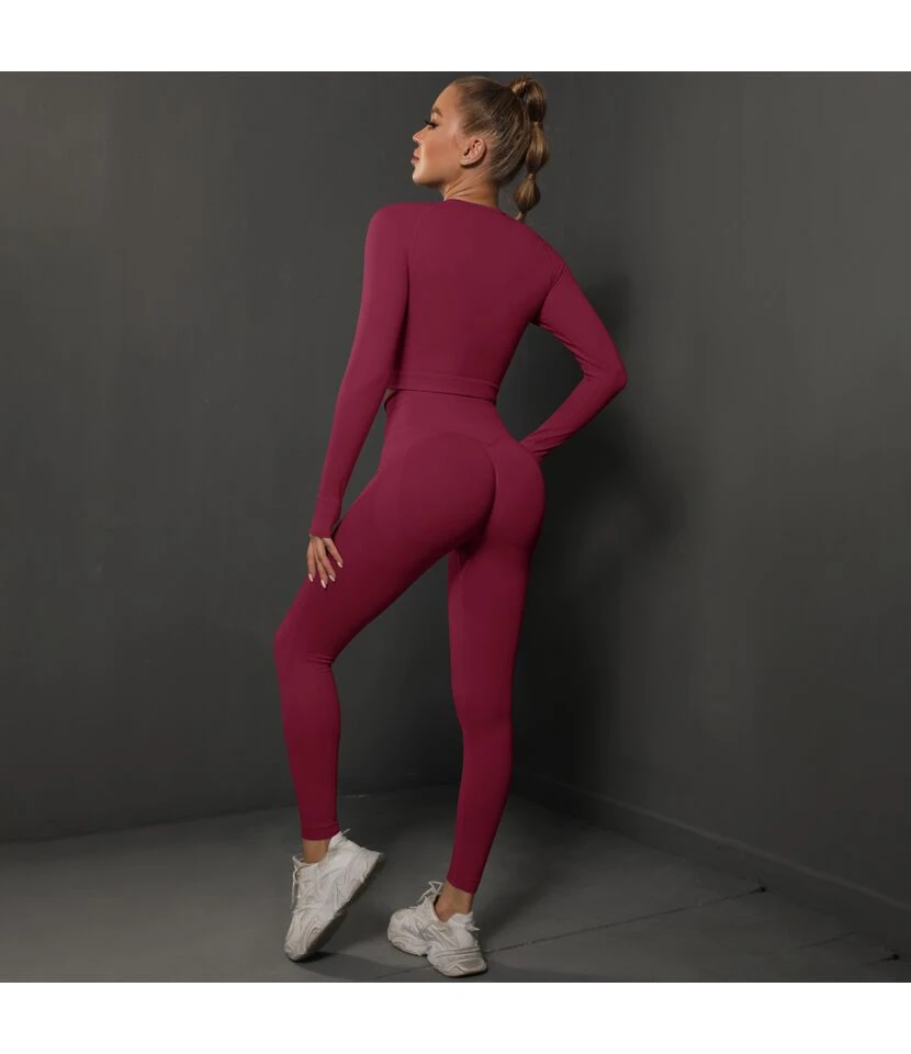 Fitness Seamless Knitted Pleated Tight Yoga Exercise Running Long Sleeve Leggings Suit Wholesale Women Clothing SOV463941 8 Fitness Seamless Knitted Pleated Tight Yoga Exercise Running Long Sleeve Leggings Suit Wholesale Women Clothing SOV463941 - Image 8