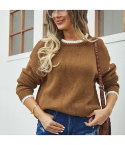 Patchwork Stripe Contrast Color Crew Neck Sweater Wholesale Womens Clothing N3823070300168 -Women Clothing Sales Store c5de09d981184d59957bb0b40114f315 4