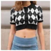 Plaid Fashion Button Short Sleeve Knitted Lapel Short Womens Shirts Wholesale Crop Tops STN532432