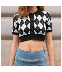 Plaid Fashion Button Short Sleeve Knitted Lapel Short Womens Shirts Wholesale Crop Tops STN532432
