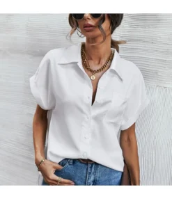 Summer Solid Color Short Sleeve Business Casual Womens Lapel Satin Shirts Wholesale Blouse STN533372