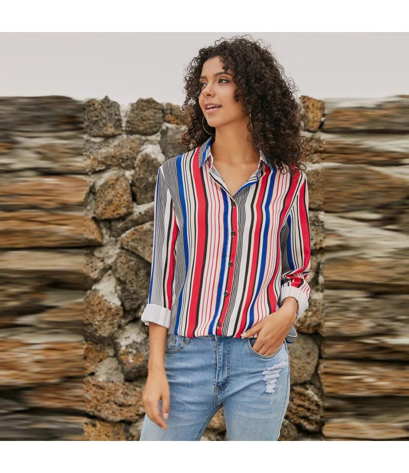 Lapel Long Sleeve Top Vertical Striped Casual Blouse Wholesale ST202685 4 Lapel Long Sleeve Top Vertical Striped Casual Blouse Wholesale ST202685 - Image 4