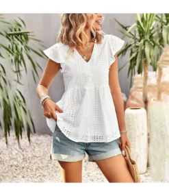 Slim Fit Solid Color Hollow Air Commuter V-Neck Top Wholesale Women'S Tops N4623041200015