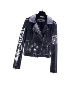 Punk Style Lapel PU Epaulette Belt Printing Motorcycle Short Wholesale Coats & Jackets SOU081849