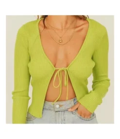 Trendy Plain Lace-Up V-Neck Cropped Slim Fit Women'S Knit Tops Wholesale Cardigans SOUN532442