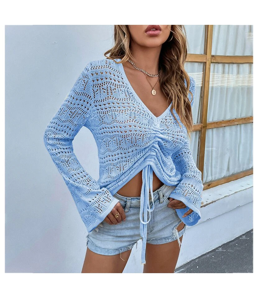 Sexy V-Neck Hollow Out Drawstring Knit Crop Tops Solid Color Flared Sleeve Loose Wholesale Sweater SSWN561053 7 Sexy V-Neck Hollow Out Drawstring Knit Crop Tops Solid Color Flared Sleeve Loose Wholesale Sweater SSWN561053 - Image 7