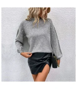 Long-Sleeve Solid Color Bead Pullover Loose Sweater Wholesale Womens Tops SSWN538205