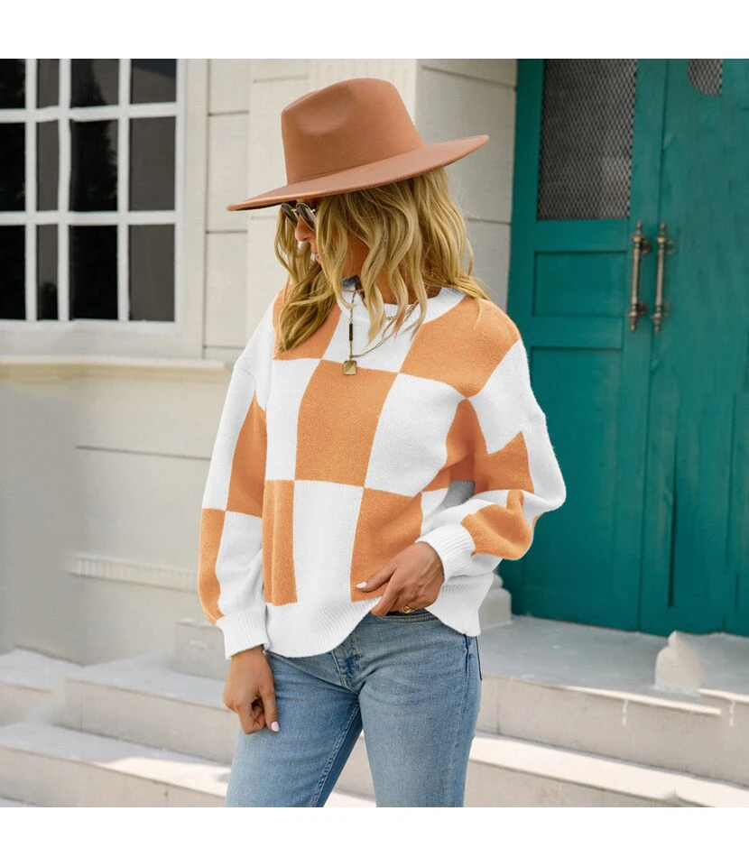 Fashion Lattice Pullover Long Sleeve Casual Loose Crew Neck Wholesale Sweater SSWN560971 8 Fashion Lattice Pullover Long Sleeve Casual Loose Crew Neck Wholesale Sweater SSWN560971 - Image 8