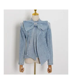 Fashion Big Bowknot Top Back Zipper Distressed Denim Shirts Wholesale Women Tops STN534893