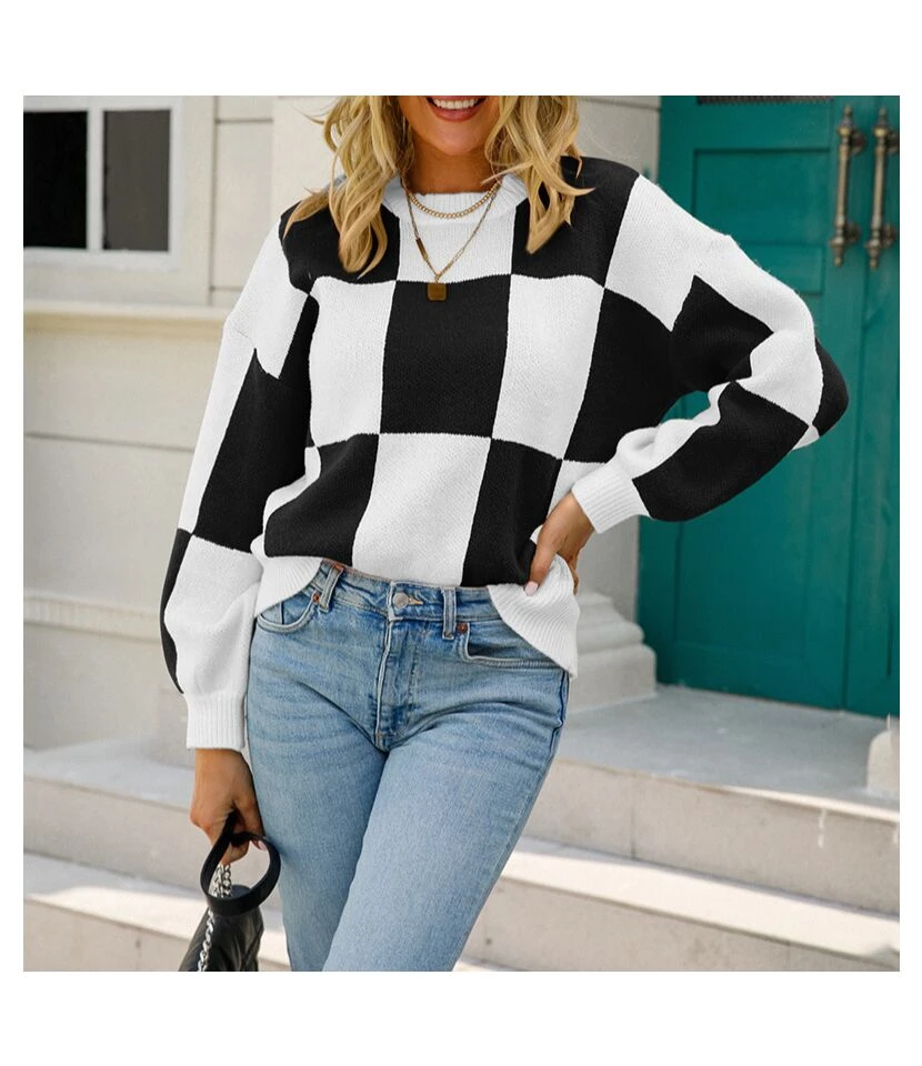 Fashion Lattice Pullover Long Sleeve Casual Loose Crew Neck Wholesale Sweater SSWN560971 1 Fashion Lattice Pullover Long Sleeve Casual Loose Crew Neck Wholesale Sweater SSWN560971