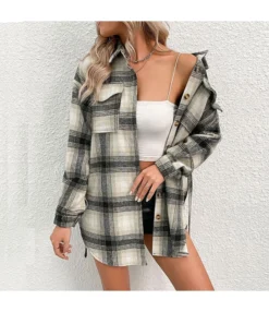 Vintage Lapel Splice Plaid Single-Breasted Long Sleeve T-Shirt Wholesale Coat With Belt SOUN562631