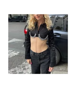 Sexy Single Breasted Women Slim Fit Cropped Navel Shirts Wholesale Crop Tops STN536973